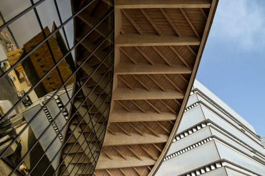 Architectural details in sustainable buildings in Masdar City. Abu Dhabi, United Arab Emirates.
