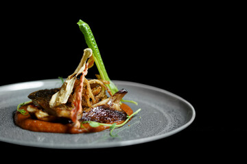 Chef's Dish with vegetables on black background