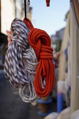 A pile of boat ropes in different colors.