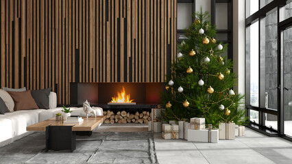 Interior of modern living room with christmas tree 3D rendering