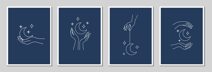 Poster template set. Woman's hand holding moon and stars, magic mystical symbol. Abstract logo template set for your design, line art style. Vector illustration