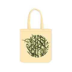 Reusable eco-friendly bag with printed design. Round decorative element with bamboo forest on canvas bag. Vector illustration isolated on a white background.