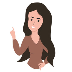 Happy girl isolated on white background. The girl points her finger at something. Vector illustration
