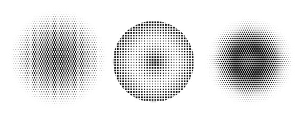Set of halftone circle. Vector vintage gradient dots background. Abstract texture with black particles.