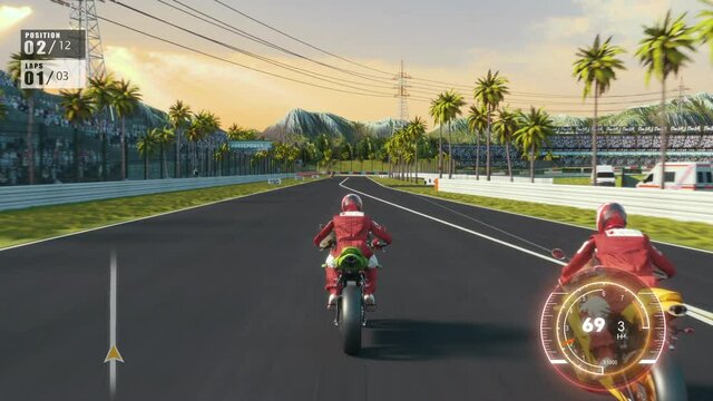 Speed Moto Bike Racing On The Track 3d Video Game Imitation With Interface. Bikes Compete On The Sports Track. Gameplay Screen