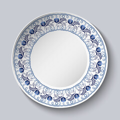 Plate with blue floral patterned border. Template design in ethnic style Gzhel porcelain painting. Realistic 3D decor.