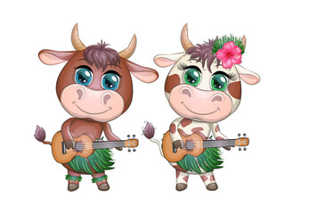 Cute cartoon bull, cow with beautiful eyes, Hawaiian hula dancer character with ukulele guitar among leaves, flowers. Chinese new year cute bull mascot