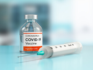 Medical Vaccine bottle vial of Covid-19 coronavirus in a research medical lab. 3D illustration