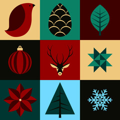 Christmas or winter holiday icon set in green, red, cream and ice blue palette. Features red bird (partridge) pine cone, leaf,  ornament, reindeer, frobel star, poinsettia , fir tree and snowflake