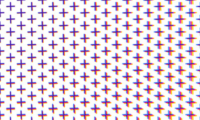 Blue, pink and yellow cross hatch or plus signs, offset CYMK registration marks. Illusion of blur or out of focus. Abstract and geometric, modern and clean background pattern.