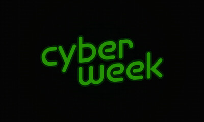 Neon green Cyber Week over subtle glowing binary code. Ideal for web and social media.