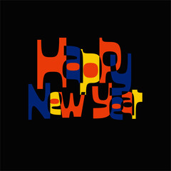 Mid-century modern, retro and fun Happy New Year typography in orange, blue, yellow on black background.  Ideal for social card.