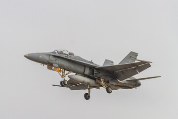 Fototapeta na wymiar F-A-18A + Hornet two-seater fighter plane on training mission ready to land at the airport