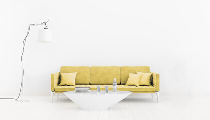 Illuminating. The color of the year 2021 The interior room with a yellow sofa, a large lamp, a table and a plant. 3d illustration.