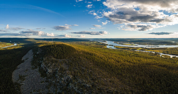 Panoramic landscape view of the Aavasaksa mountain in northern Finland in autumn