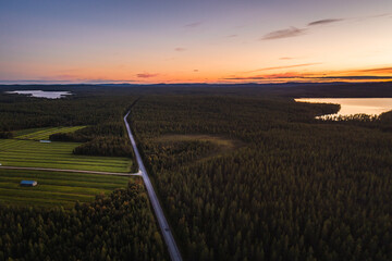 Sunset in Lapland Finland on an autumn evening seen from the air in the wilderness - 398959527
