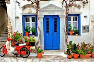 Fototapeta na wymiar View of a house at the traditional village of Pyrgos in Tinos island, Greece, April 14 2012.