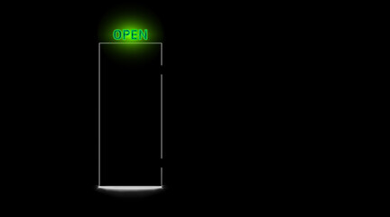 Black closed door and neon open green lamp, dark background. Realistic light silhouette slit doorway. Abstract room with text indicator. Vector illustration.