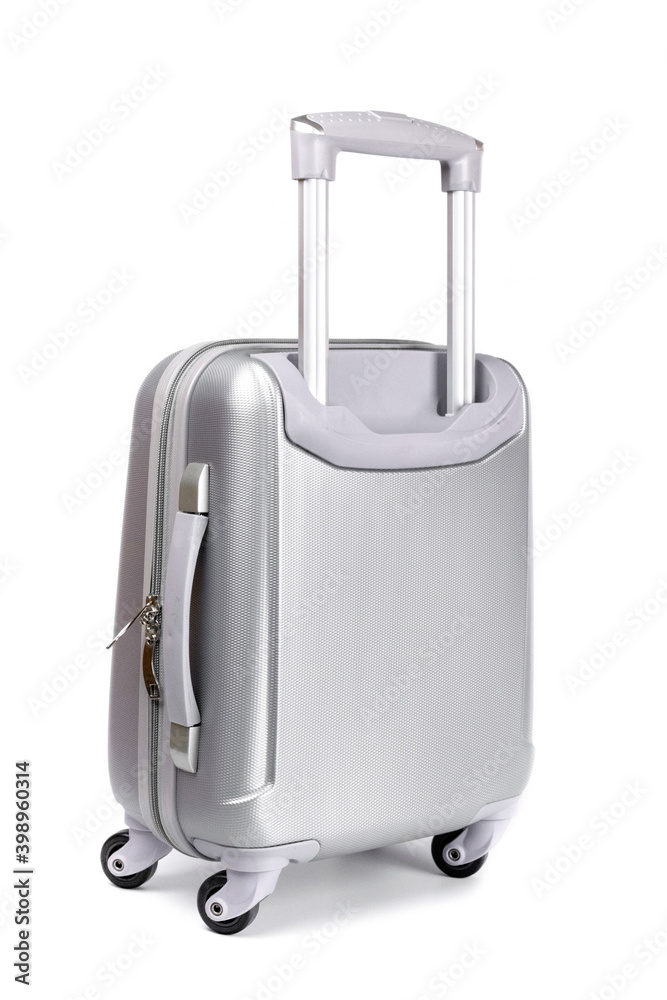 Wall mural trip isolated. silver travel plastic suitcase or vacation baggage bag on white background. design of