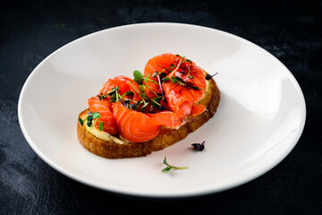 Fresh homemade sandwich with salmon. salmon bruschetta