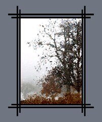 Abstracted landscape of bare and autumn-hued trees in heavy fog - portrait - painterly - with art border