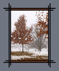 Abstracted landscape of fall foliage and bare trees in a foggy, snow-dusted scene - portrait - painterly - with art border

