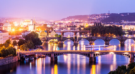 Fototapeta na wymiar PRAGUE, CZECHIA. Prague cityscape and Vltava River at sunset.