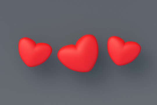 Three red hearts on gray background. St. Valentine's Day. 3d rendering
