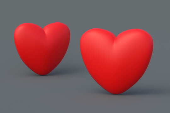 Two red hearts on gray background. St. Valentine's Day. 3d rendering