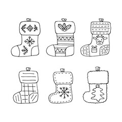 Hanging Christmas socks for gifts. Doodle hand drawing elements. New Year celebration symbols for clipart and decoration. 