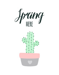 spring card with cute cactus, vector illustration