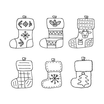 Hanging Christmas socks for gifts. Doodle hand drawing elements. New Year celebration symbols for clipart and decoration. 