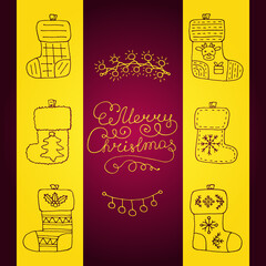 Hanging Christmas socks for gifts. Doodle hand drawing elements. New Year celebration symbols for clipart and decoration. Merry Christmas congratulation.