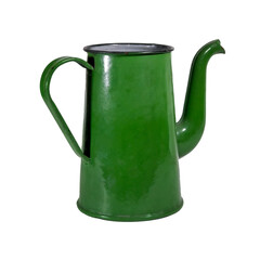 Old metal enameled tea coffee pot of green color isolate on a white background.