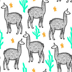 Cute lama and cactus seamless pattern in handdrawn style,kids illustration with traditional animal alpaca,design for fabric,wallpaper,decor,scrapbooking,simple flat vector background