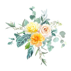 Yellow and orange roses, white lilac, spring garden flowers, mint eucalyptus, tropical leaves