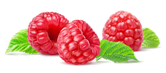 Three ripe raspberries isolated on white background