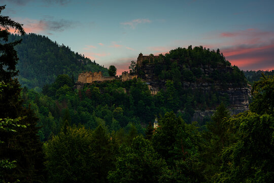 panoramic view of the ruined monastery in Oybin, Germany.