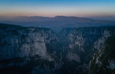 Aerial view of Vikos Gorge, a gorge in the Pindus Mountains of northern Greece. Zagori region, Greece.