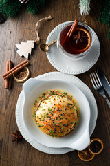 crep for Christmas and New Year. Christmas pancakes with caviar as New Year. Festive decor of the table for Christmas.