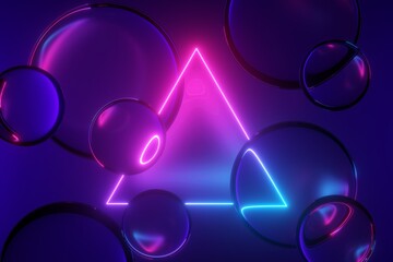 3d render, abstract modern neon background with glass balls and laser triangle in the middle. Glowing triangular geometric frame and translucent bubbles