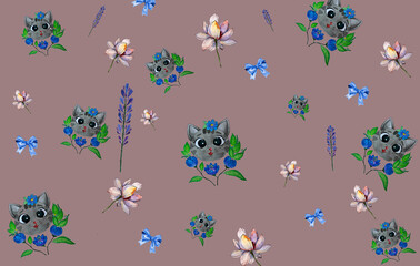 
Pattern. Kitten with lilies on a pink background