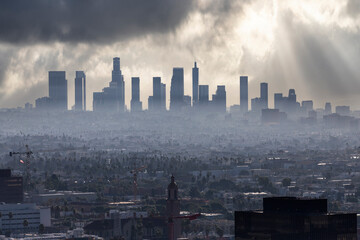Cloudy morning skyline view of downtown Los Angeles in Southern California.