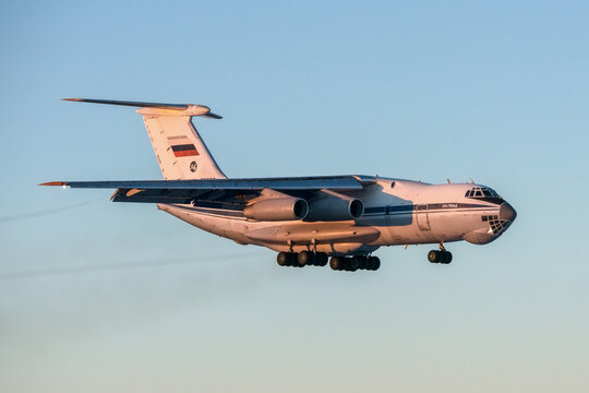 Moscow, Vnukovo, Russia - January 06, 2021: Russian cargo jet airplane Ilyushin Il-76 landing at the airport on a frosty sunny winter morning