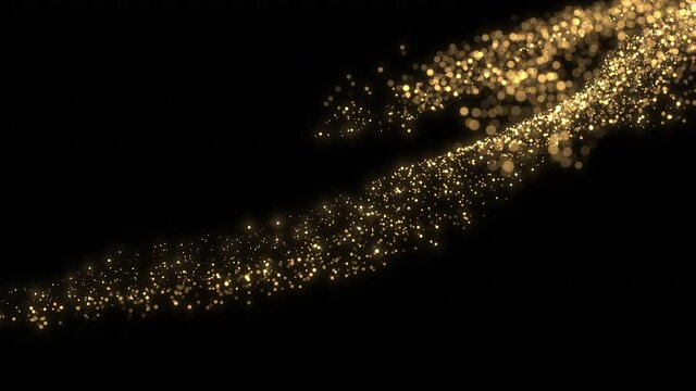 4K Golden particles and sparkles. Christmas gold glitters. Bokeh lights. 3D glowing dust trail. Logo revealer. Intro animation. Isolated on black. 2021 New year