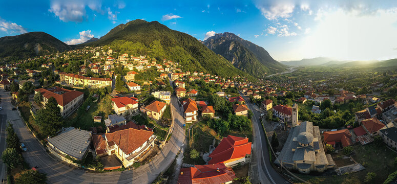 Wide panorama of Konitsa town in Epirus Greece