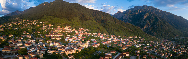 Fototapeta na wymiar Aerial Photo of Konitsa town in Epirus Greece and Pindos mountain near group villages Zagorochoria