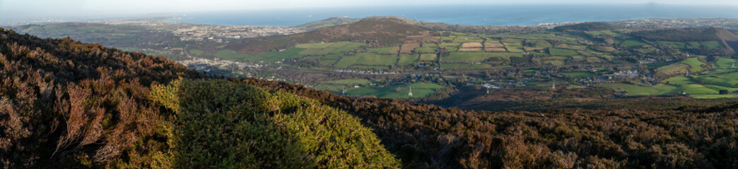 Panoramic view from the top of Great Sugar Loaf in Ireland, Wicklow near Dublin. Amazing weather