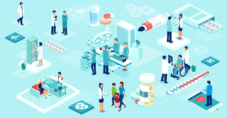 Vector of doctors and nurses taking care of the patients inside the hospital and remotely via mobile app