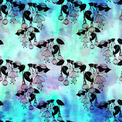 Fuchsia flowers and buds.Seamless pattern. Decorative composition. Graphic arts. Wallpaper. Use printed materials, signs, posters, postcards, packaging.